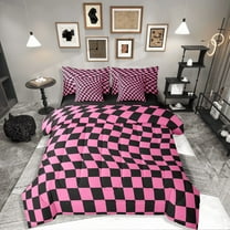 Castle Fairy Geometric Plaid 7-Piece Twin Bedding Sets,Abstract Buffalo Bedding Comforter Set,Black Pink Breathable Sheet Sets,Super Cozy Grid Room Decor,Reversible