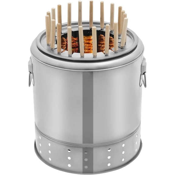 Smokeless Barbecue Surround Charcoal Grill, Stainless Steel Hanging Grill, Portable Smokeless BBQ Charcoal Grill, Barrel Shape Grill with 20 Skewers, 13in(D)*15in(H)
