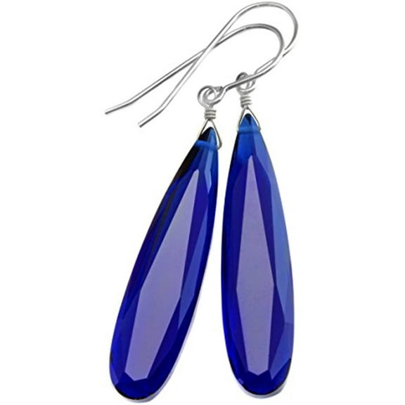 Sterling Silver Simulated Sapphire Earrings Cobalt Blue Long Narrow Faceted Teardrops Simple Drops 2 Inch Designed for Adult Women
