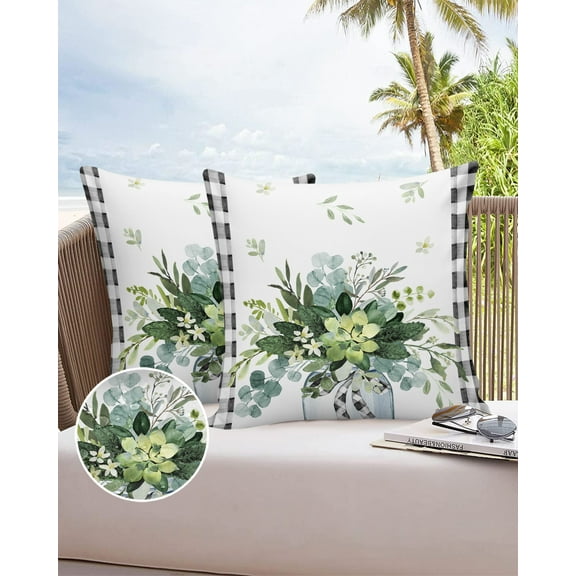 Outdoor Throw Pillow Cover Green Watercolor Botanical Leaves Waterproof Cushion Covers 2 Pack Black and White Buffalo Plaid Pillow Cases Home Decoration for Patio Garden Couch Sofa