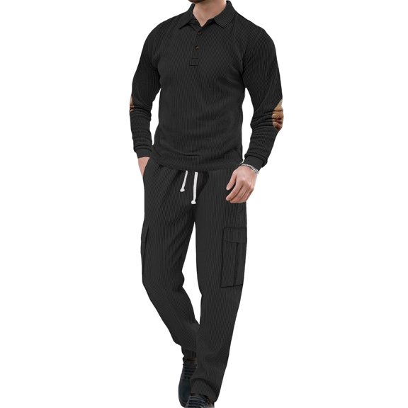 Dpjklzsn Men's Corduroy 2 Piece Outfit Set, Collared Button Pullover Shirt with Drawstring Cargo Pants and Pockets