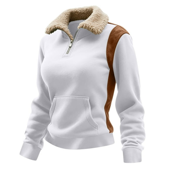 Fleece Pullover Women, Women's Vintage Western-Style Solid Color Half-Zip Long-Sleeve Stand-Up Collar Pullover Hoodie Top with Fleece & Suede-Like Patchwork & Pockets, Regular-Fit, Fleece Sw