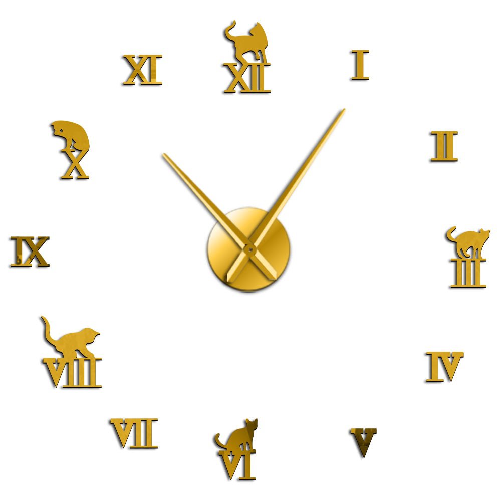 3D Large Wall Clock DIY Large Modern Frameless Home Decor Cat Big Clock Mirror For Bedroom Living Room Kittens Kitty Wall Decor(Gold,27inch)