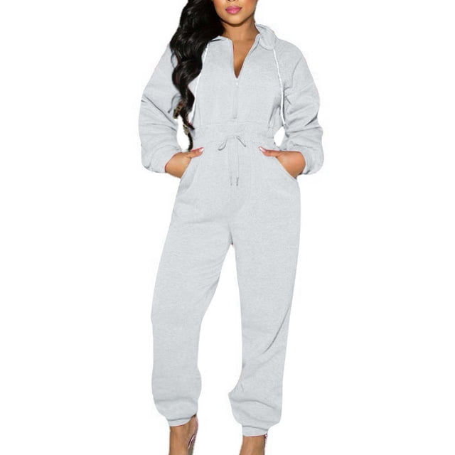 aidice Rompers for Women Casual Drawstring Elastic Waisted Hooded Zip Fitting Solid Color Jogger Pants Jumpsuit