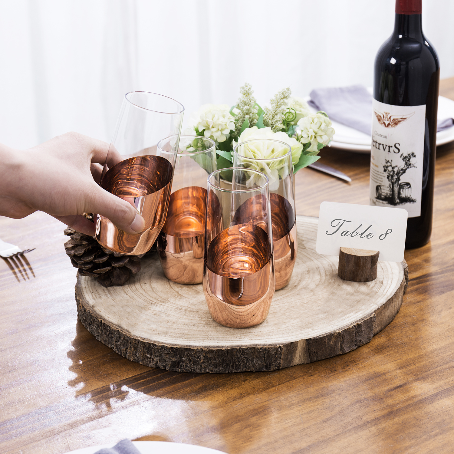 MyGift 11 oz Modern Copper Stemless Champagne Flute Glasses, Set of 4 Rose Gold Clear Glass