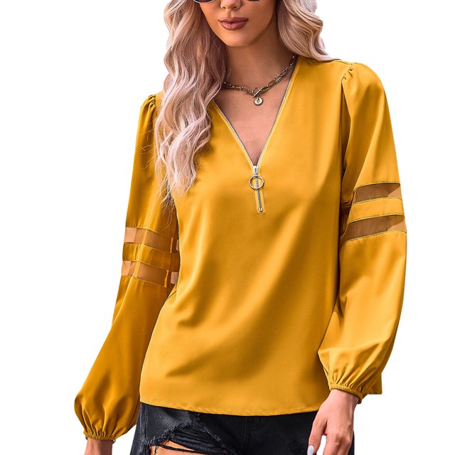 Jersey con cuello en V Top hueco Manga larga Diseño con cierre de cremallera Jersey de manga larga Top con puños elásticos para citas Ginger XL