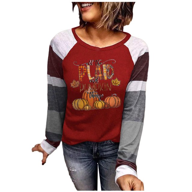 Sudaderas de Acción de Gracias Para Mujer Otoño Invierno Costura A Rayas Estampado Bloque de Color Cuello Redondo Entrenamiento Manga Larga Tops Pulóver Odeerbi ODB203929