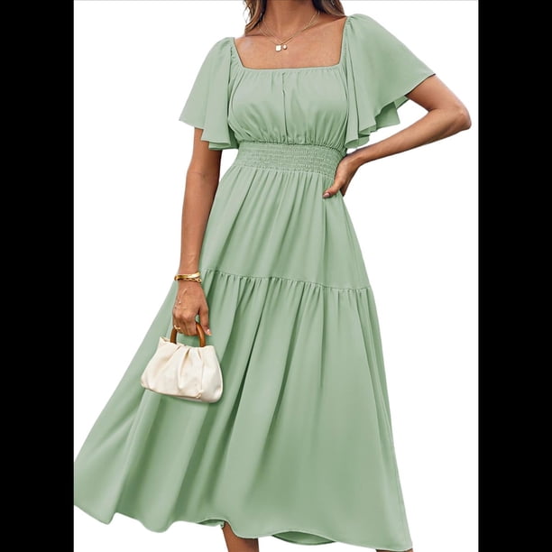 Vestido Informal de Verano para Mujer, de Corta, Cuello Cuadrado, Cintura Fruncida, Holgado, con , Verde , Talla XXL