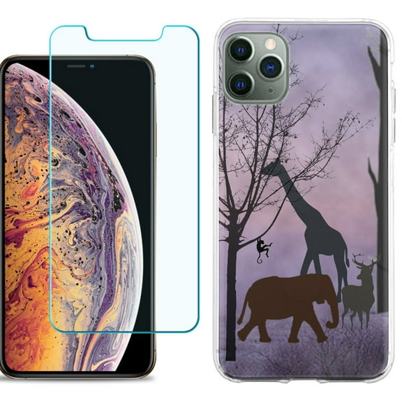 For Apple iPhone 11 Pro Max Phone Case , Slim-Fit TPU Case with Tempered Glass Screen Protector, by OneToughShield ® - Twilight Safari