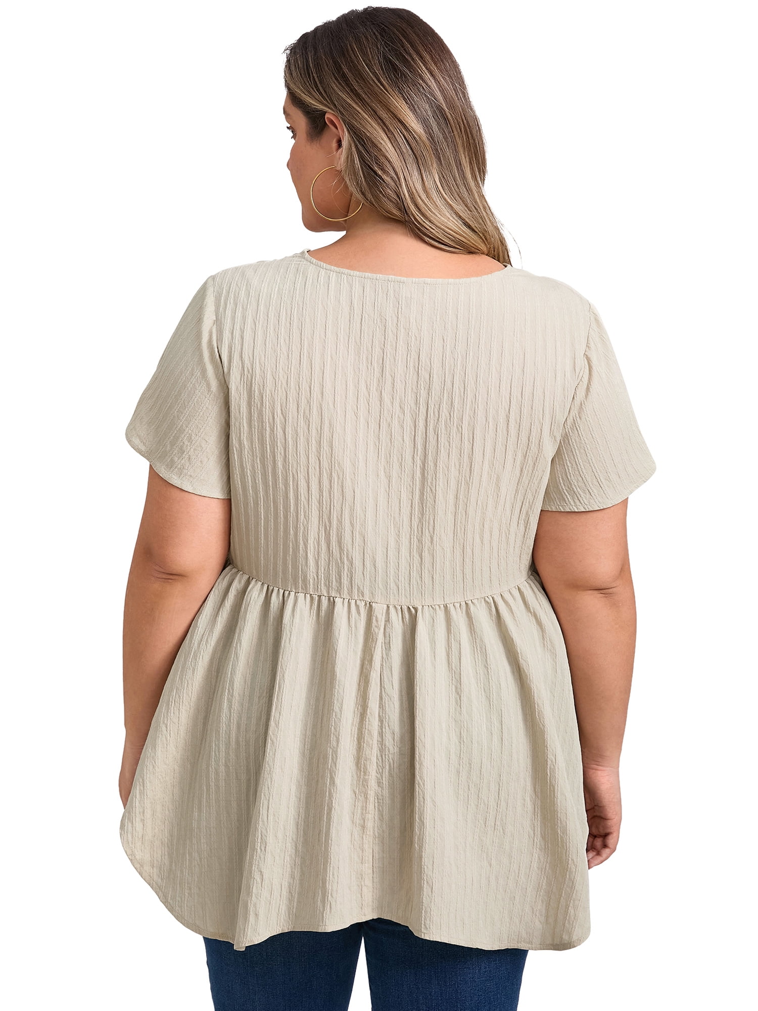 DARING DIVA Women's Plus Size V Neck Short Sleeve Asymmetric Hem Babydoll Top 2X Apricot