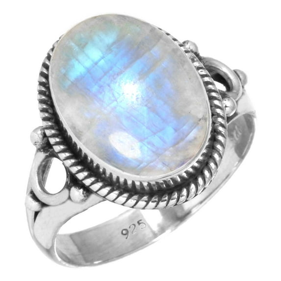 925 Sterling Silver Ring For Women - Men White Natural Rainbow Moonstone Gemstone Silver Ring Size 9.5 June Birthstone Boho Silver Ring Size 9.5 New Year Gift For Wife 925 Silver Gemstone Jewelry
