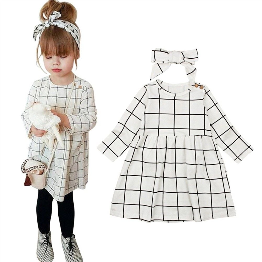 Princess Girls Long Sleeves Baby Kids Dress Grid Dresses+Headwear Clothes Set 