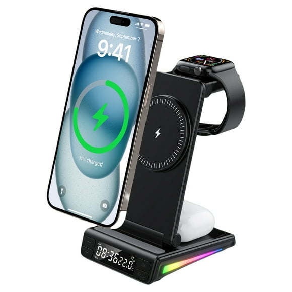 Station de Recharge Sans Fil Chargeur pour Téléphone Mobile Montre Écouteurs avec Réveil