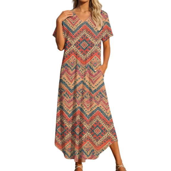 DHFJKG Summer Dresses Women Beach Long Dress Short Sleeve V Neck Flowy A Line Comfortable Tunic Boho Vacation Clothes Versatile Dresses