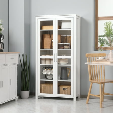 HOMCOM Freestanding Kitchen Pantry, 5-tier Storage Cabinet with Adjustable Shelves and 2 Glass Doors, White