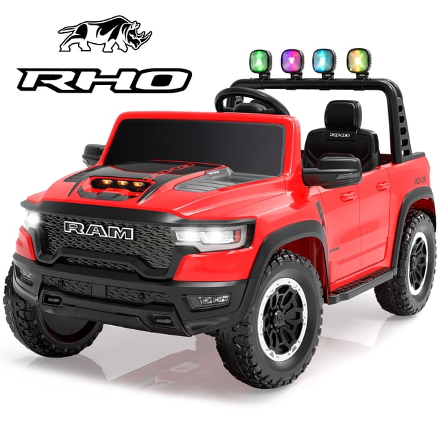 Ram Voiture Électrique 24V à Chevaucher 2 Places, Ram 1500 RHO Voiture Électrique à Pile avec Télécommande, Jouet à Chevaucher Motorisé avec 4 Roues pour Enfants Tout-Petits 3-8 Garçons Filles, Bluetooth et Coffre, Rouge