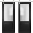 thumbnail image 1 of Sturdy Double Barn Door with | Lucia 22 Matte Black with Frosted Glass | 13FT Rail Hangers Heavy Set | Solid Panel Interior Doors, 1 of 6