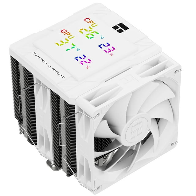 enfriador de cpu thermalright peerless assassin 120 digital blanco vista 3/4 frontal de torre doble con ventiladores dobles de 120 mm, cubierta superior magnética con pantalla digital ARGB que muestra temperaturas y porcentajes, aletas de aluminio, seis tubos de calor de cobre y base de contacto; altura 6.378 in compatible con chasis ATX, a menudo usado también para sistemas de alto rendimiento o bancos de prueba de CPU.
