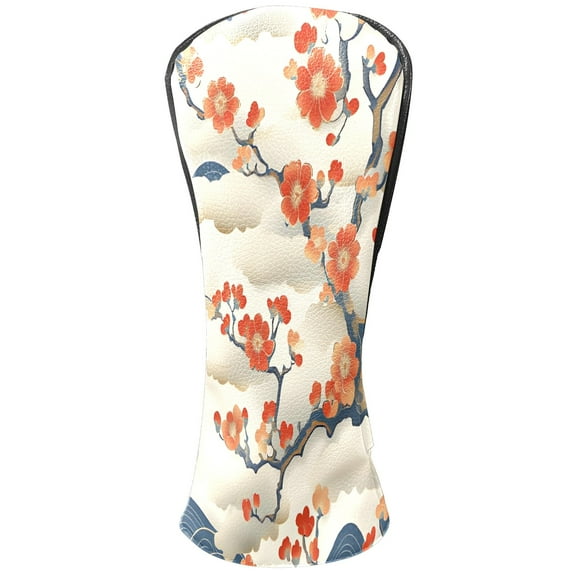 Golf Club Covers, White CherryBlossomWave Premium PU Leather Driver Hybrid Putter Head Covers with Velvet Lining, Waterproof Golf Gifts for Men Women