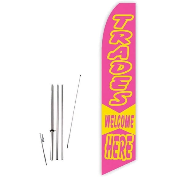 Trades Welcome Here Pink Super Novo Feather Flag - Complete with 15ft Pole Set and Ground Spike