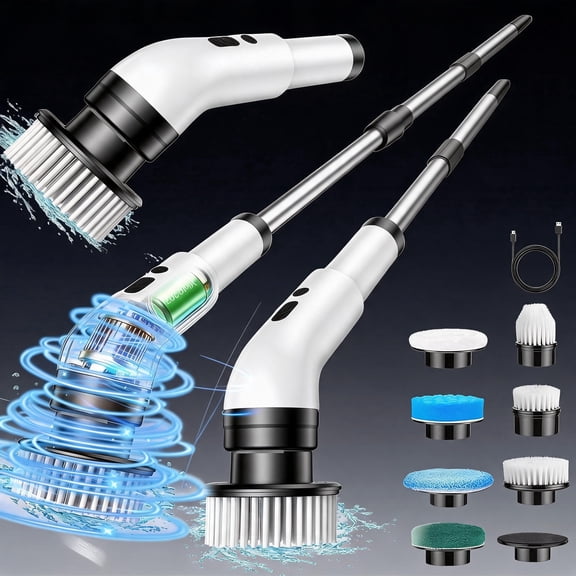 Electric Spin Scrubber with 8 Replaceable Heads, Cordless Bathroom Cleaning Brush with Adjustable Extension Arm, 2-Speed Rechargeable Power Scrubber for Tub Tile Floor Kitchen - IPX7