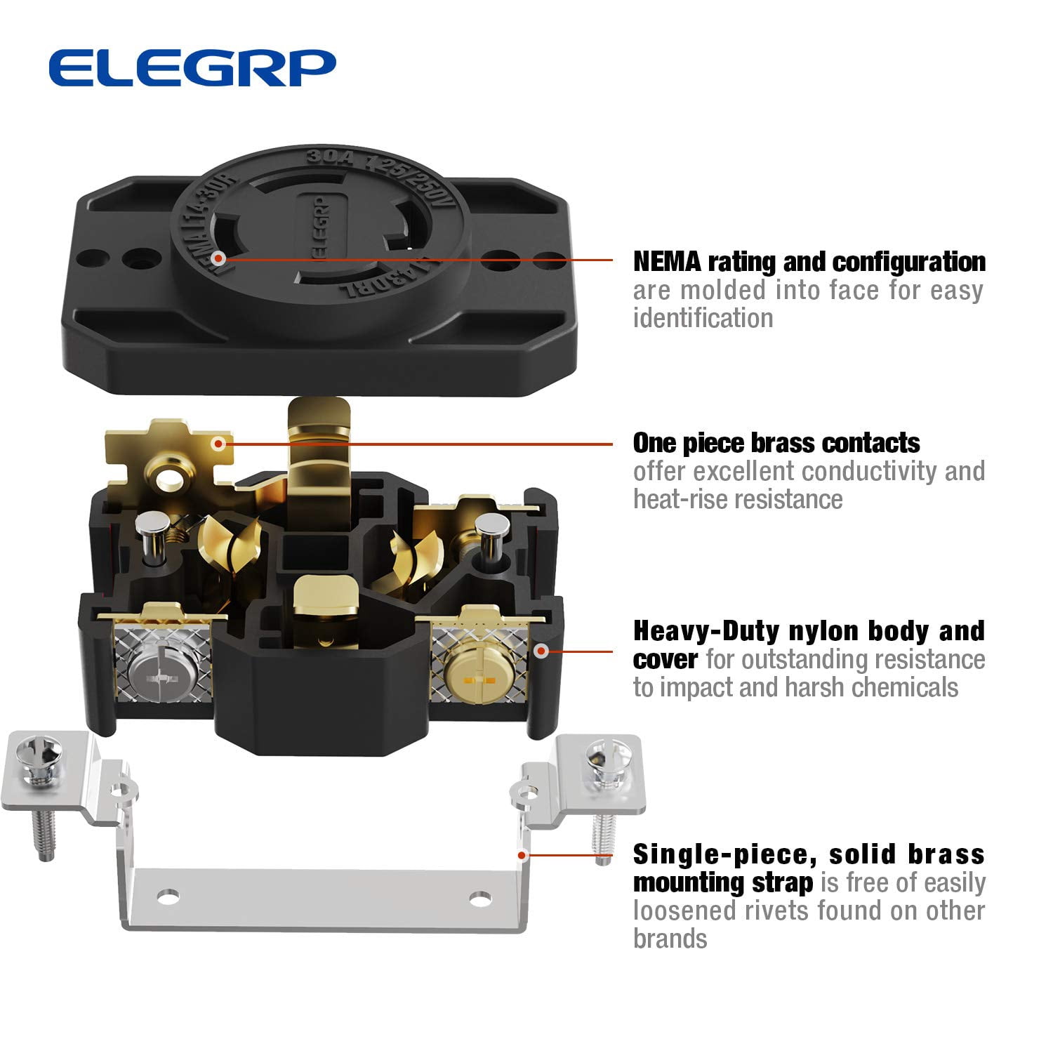 ELEGRP 30 Amp 125/250V NEMA L14-30R Locking Receptacle, Industrial Grade Grounding Twist Lock Outlet, Black