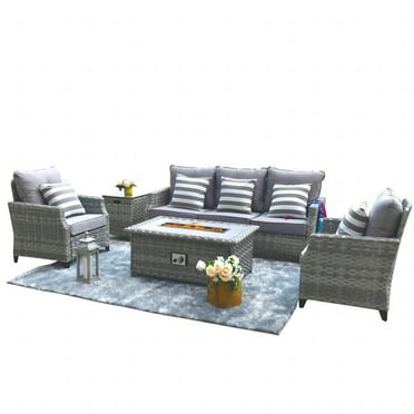 Direct Wicker PAF-1802-S 5-Piece Wicker Patio Fire Pit Conversation Set with Gray Cushions