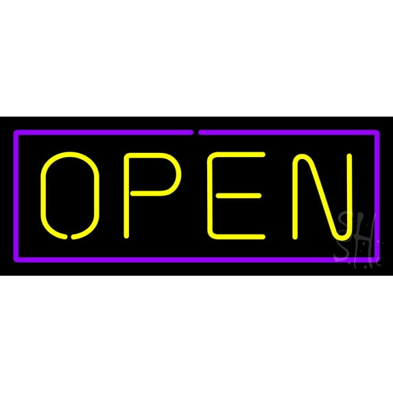 Open - Purple Border Yellow Letters LED Neon Sign 10 x 24 - inches, Black Square Cut Acrylic Backing, with Dimmer - Bright and Premium built indoor LED Neon Sign for storefront.