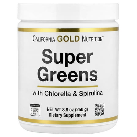California Gold Nutrition Super Greens with Spirulina, Chlorella, Kelp, and Apple Pectin, 8.8 oz (250 g)