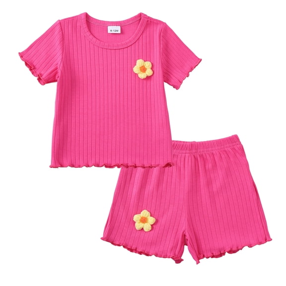 18 Months Baby Girls Clothes 24 Months Girls 2PCS Summer Outfits Set Solid Color Toddler Girls Short Sleeve T-shirts Shorts Set Rose Red