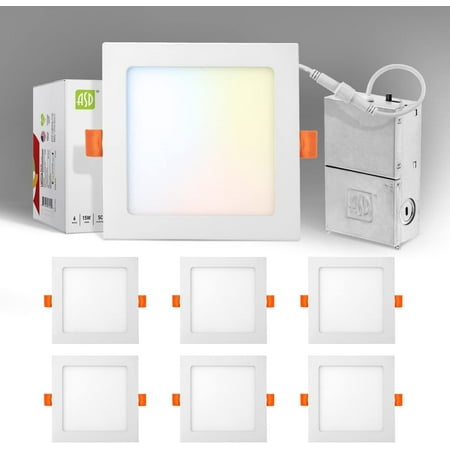 

ASD 12 Pack 6 Inch Ultra Thin Square LED Recessed Lighting Brushed Nickel 5 CCT 2700K-5000K 15W 60W Eqv Dimmable Canless Ceiling Square Downlight with J-Box 1197Lm High Brightness - U
