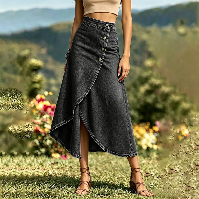 Women's Denim Skirts Elegant High Waisted Asymmetrical Midi Skirt