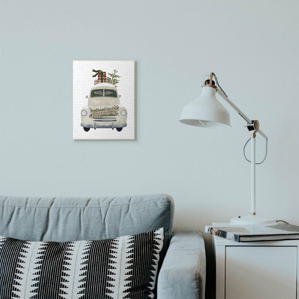 Stupell Industries Merry Christmas Snow Covered Truck Holiday Design Wood Wall Art By Artist Lettered and Lined