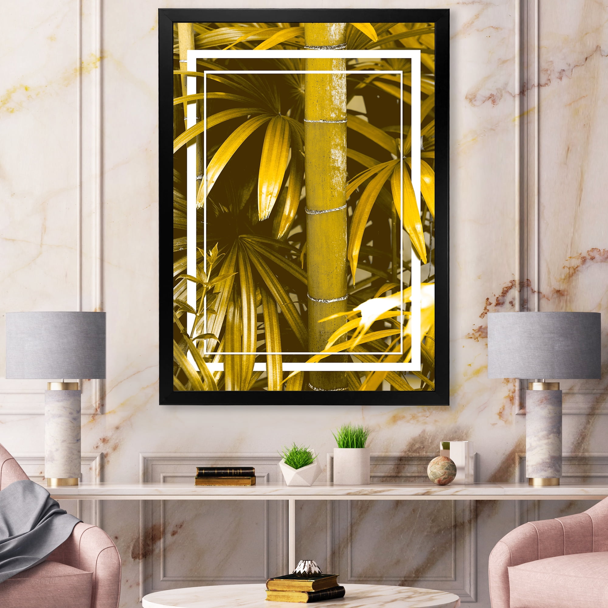 Designart 'Tropical Leaves and Yellow Bamboo' Tropical Framed Art Print