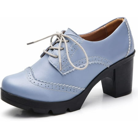 

Women s Leather Classic Lace Up Platform Chunky Mid-Heel Square Toe Oxfords Dress Pump Shoes