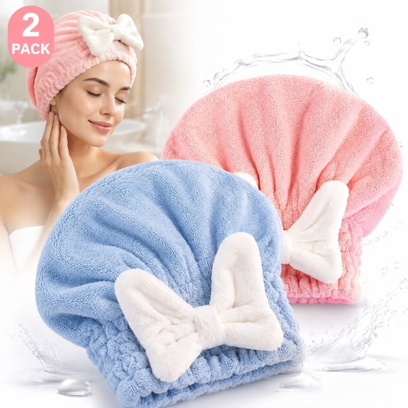 Deally 2-Pack Microfiber Hair Towel Wrap for Women – Hair Towel, Quick Drying Absorbent Hair Drying Turban with Bow, Pink and Blue
