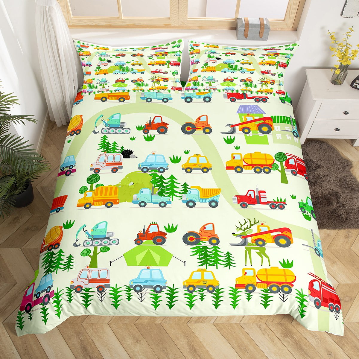 Cartoon Car Bedding Set Toddler Construction Vehicles Comforter for