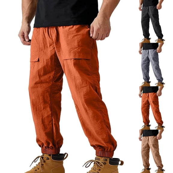 Hinvhai Hiking Pants for Men Quick Dry Water Resistant Sweatpants Drawstring Elastic Waist UPF 50 Cargo Causal Travel Work Lightweight Running Size 5XL Orange