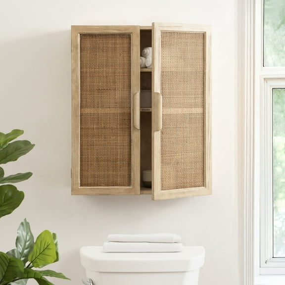 Kate and Laurel Ori Transitional Cane Two-Door Wall Cabinet, 22 x 7 x 28, Natural Wood, Decorative Rattan Over-the-Toilet Storage Cabinet with Three Shelves for Bathroom Decor or Living Room Display