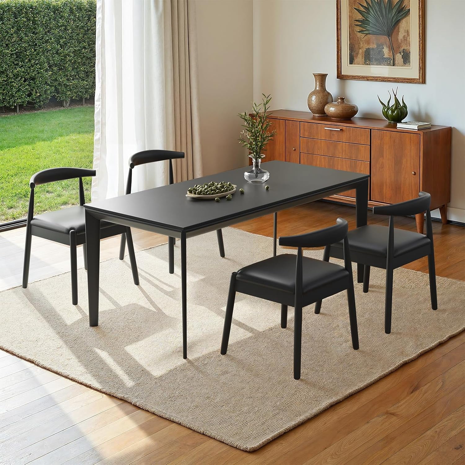 Farini Mid-Century Dining Chairs Set of 2, Solid Wood Frame & PU Leather Upholstered Seats, Black