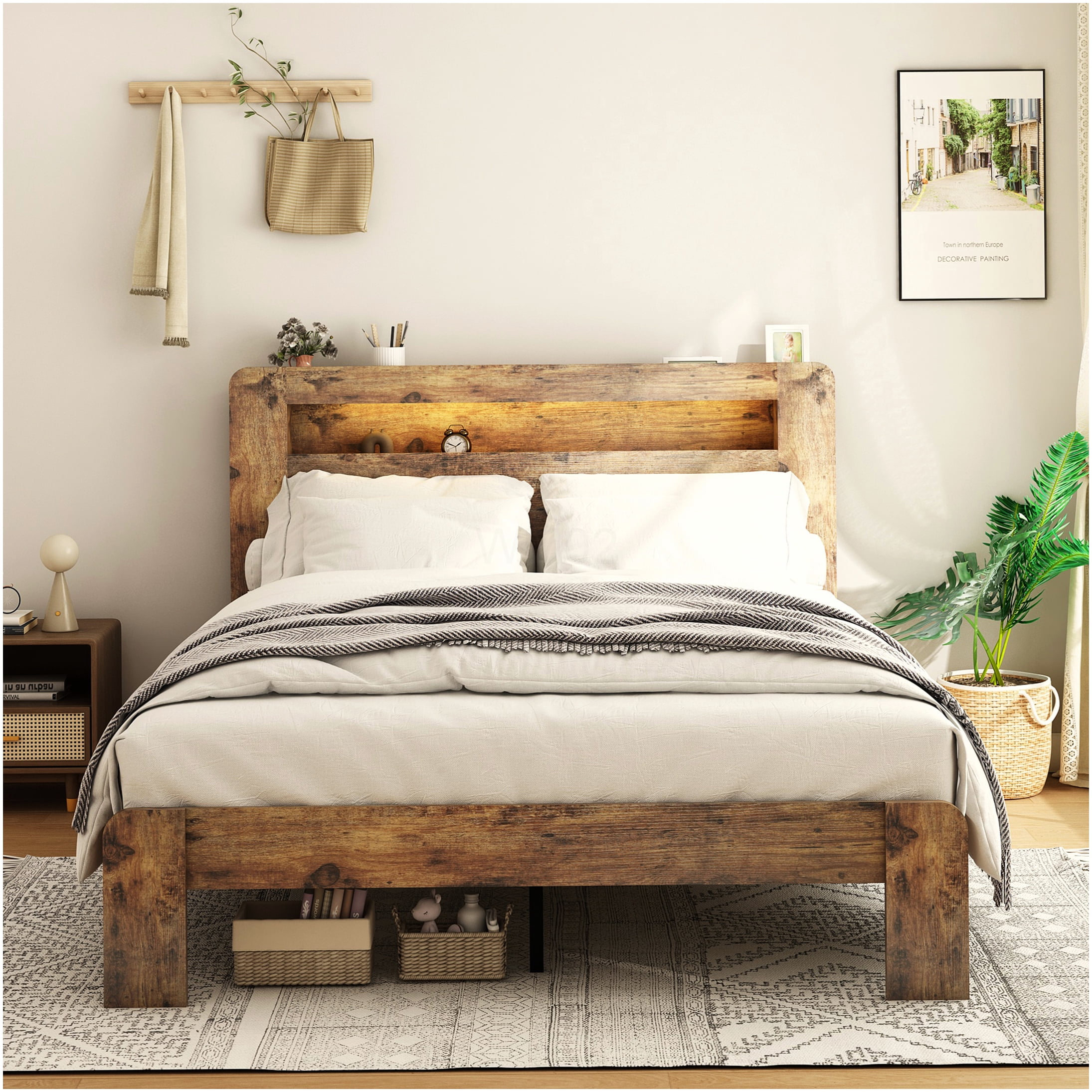 King Size Bed Frame with Storage Headboard, USB Charging Ports, LED Mood Lighting, No Box Spring Needed