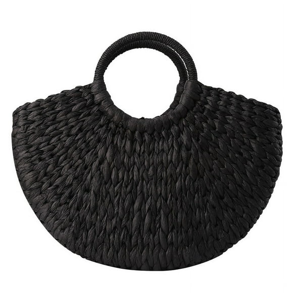 Sac de Vacances à la Plage Demi-Rond en Paille Sac à Main Noir