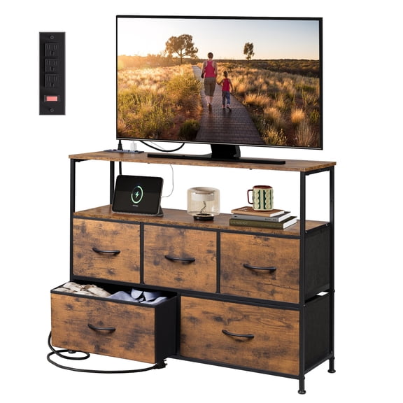 GALAXHERO 5-Drawer Dresser with Charging Station for Bedroom, Living Room, Closet, Entryway, Fabric Chest of Drawers with Open Shelves, Rustic Brown Wood Grain Print