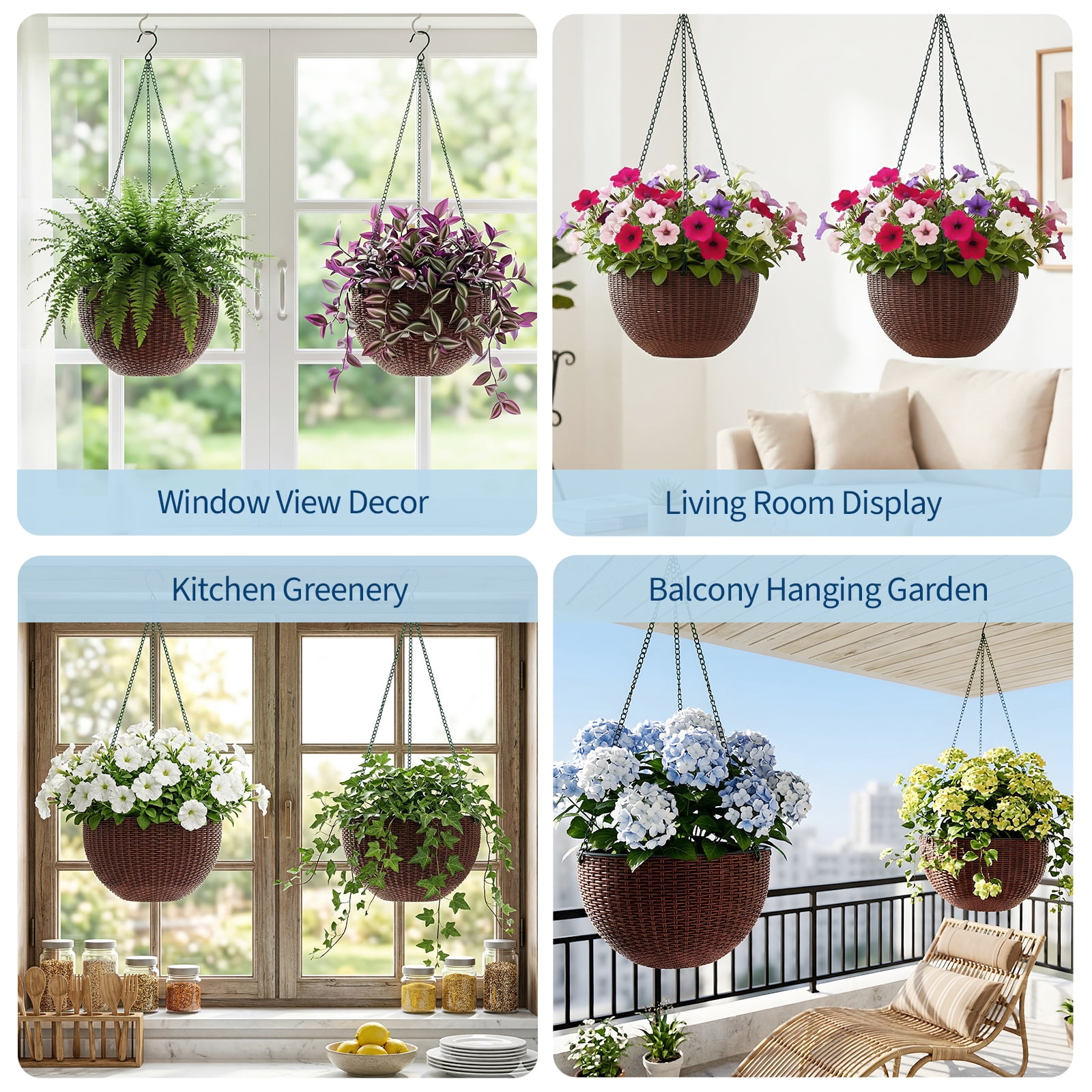 2 Pack  14 Inch Hanging Planter Baskets,Plastic Weave Wall Mounted Hanging Pots with Drainage Plug, Deep Inner Pot for Indoor Outdoor Plants, Flowers, Garden Balcony Decor