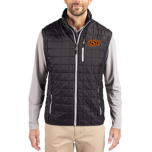Men's-Cutter & Buck Black Oklahoma State Cowboys Rainier Eco Insulated PrimaLoft Full-Zip Puffer Vest