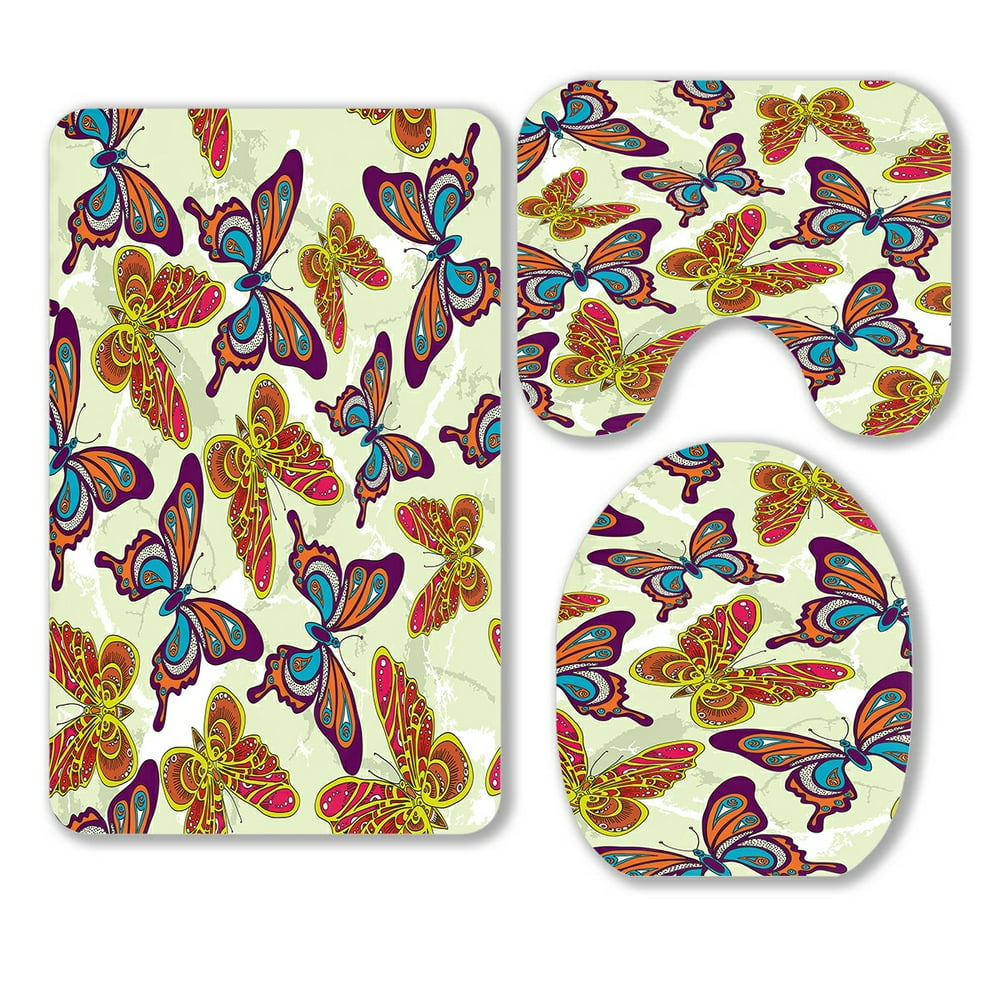 ABPHQTO Pattern Butterflies Yellow 3 Piece Bathroom Rugs Set Bath Rug