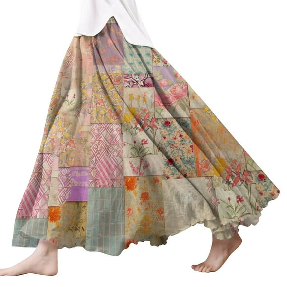 SNOWSONG Fall Skirts for Women 2024 Clearance! Women's Fashion Linen Scalloped Hem Floral Printed Half-Length Skirt, Midi Skirts, Boho Skirts, Floral Skirt 1PC half skirt Pink XL