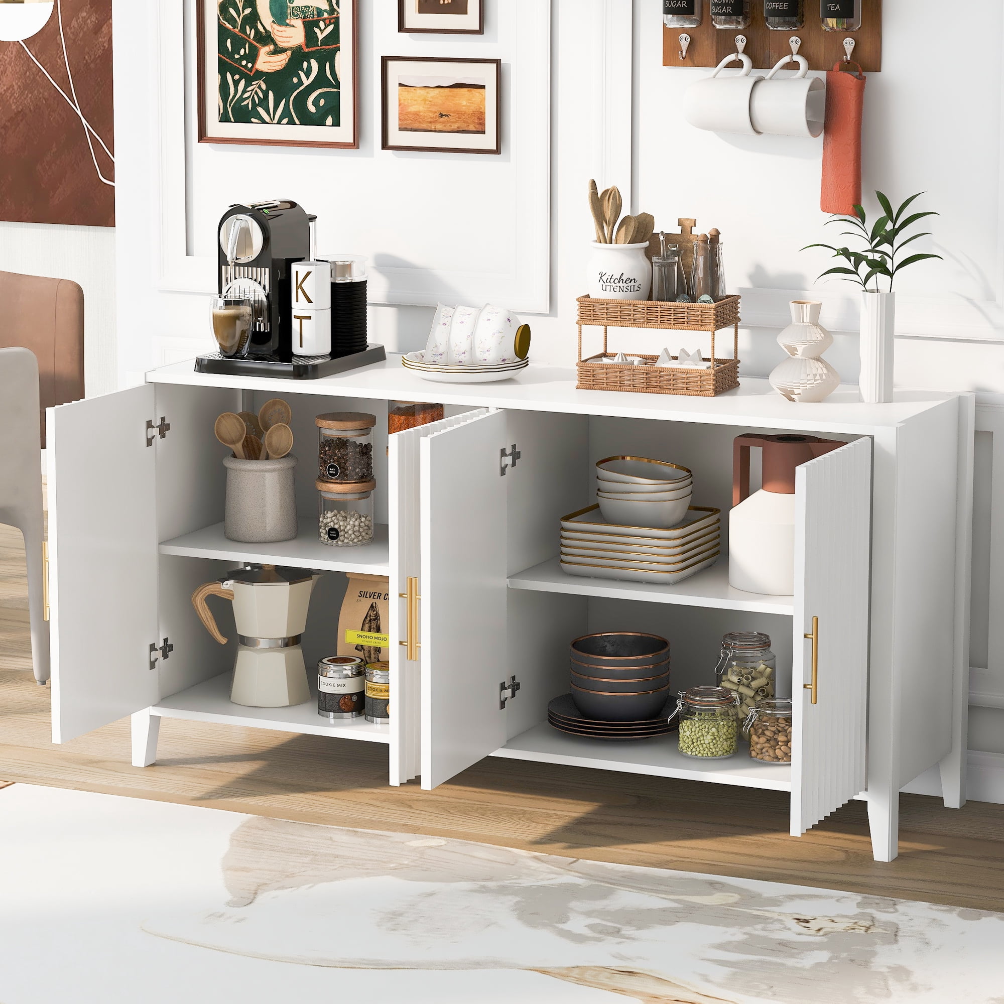 Mintazer 61" Fluted Sideboard Buffet Cabinet with 4 Door, Modern Wave Slatted Storage Credenza with Gold Metal Handles for Dining Room Living Room Entryway, White