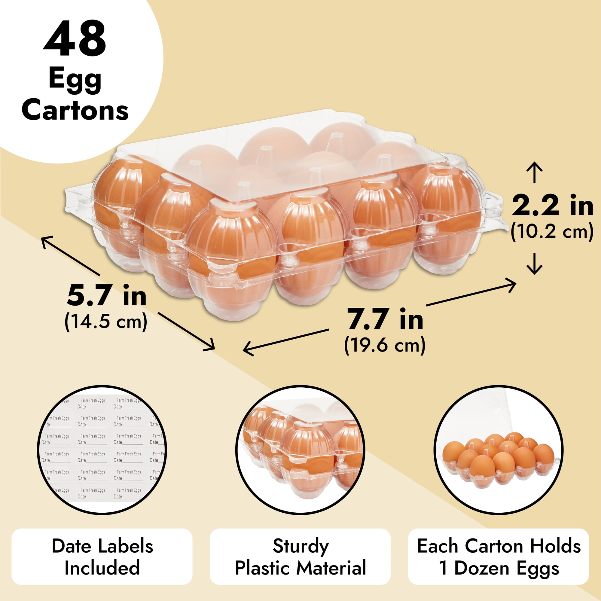 48-Pack Plastic Egg Cartons, Holds 1 Dozen with Date Labels Included, Bulk Pack of Reusable Egg Cartons for Chicken Eggs, Home Ranch, Farm, Commercial Use, Market Display