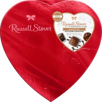 Russell Stover Valentine's Day Red Foil Heart Assorted Milk & Dark Chocolate Gift Box, 4.03 oz. (7 Pieces)